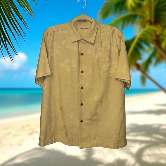 Tommy Bahama Men’s Medium Yellow Silk Hawaiian Button Up Short Sleeve Shirt - Picture 12 of 12